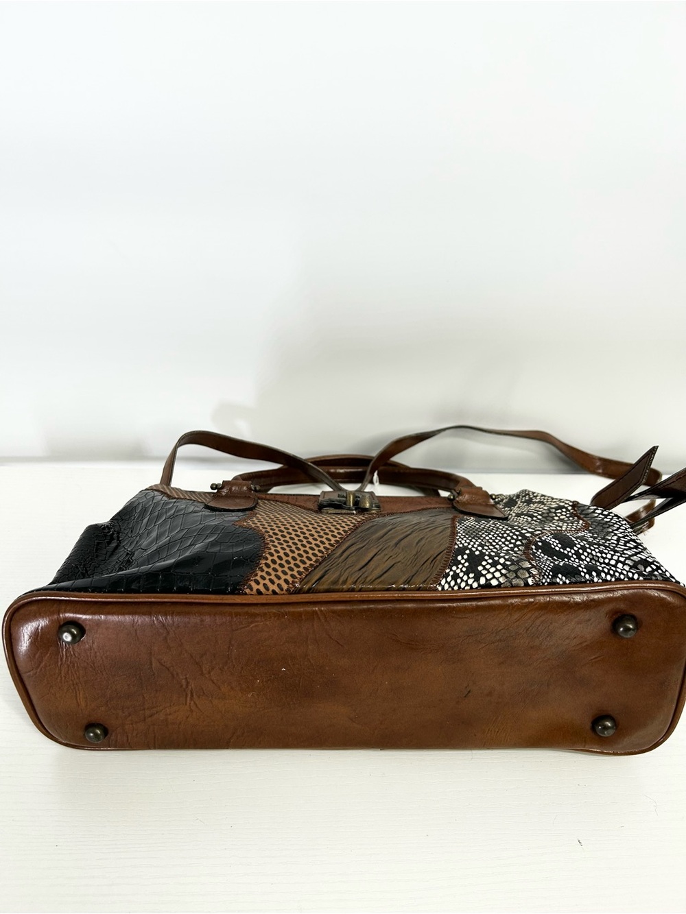 Vtg Leather Patchwork Doctor Bag Satchel Korea Made Croc Beautiful Design - Picture 11 of 16